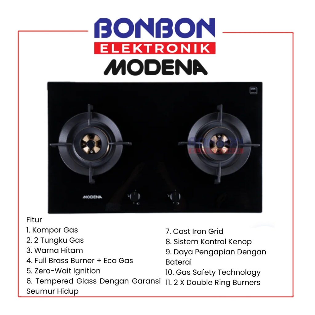 Modena Kompor Tanam Gas 2 Tungku BH 2723 LL / BH2723LL Gas Hob
