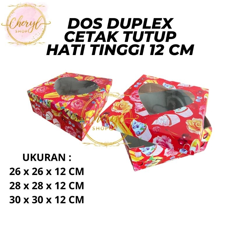 

(10 PCS) DOS / DUS KUE DUPLEX CETAK TUTUP PISAH HATI TINGGI 12 CM UK 26 CM, 28 CM, 30 CM / Karton Box Kotak Hampers Duplex Cetak Hati Window Tutup Pisah