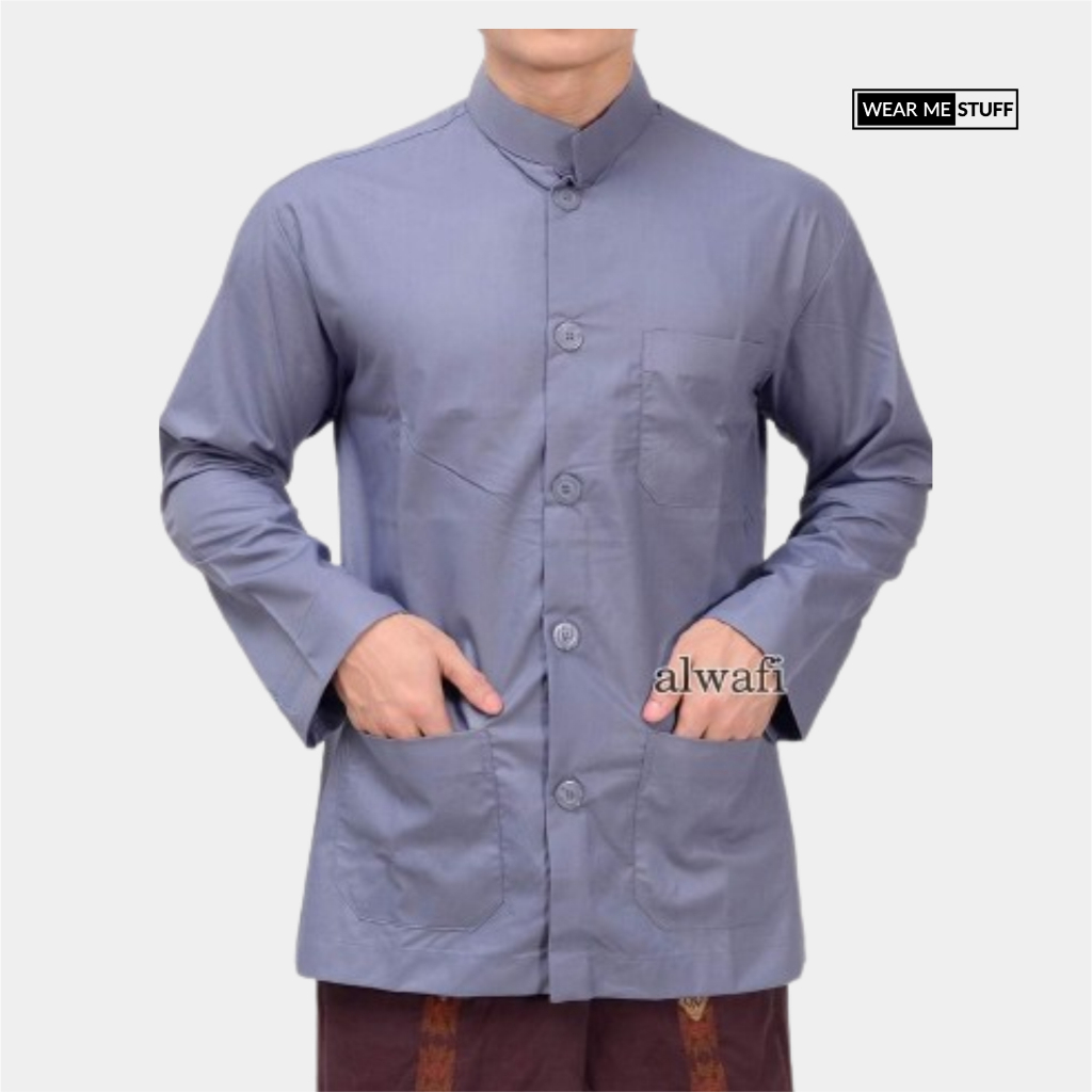 Baju Koko Pria Lengan Panjang Putih Saku Depan Seragam Sarimbit Keluarga Majelis Hadrah Lebaran