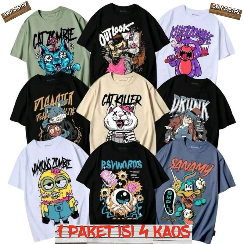 PROMO PAKET ( 100RB Dapat 4 KAOS DISTRO PRIA ) Kaos Distro Dewasa Dan Remaja Ukuran M L XL Pria Moti