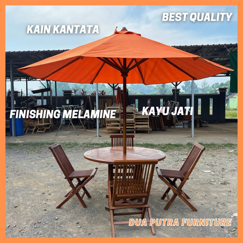 set meja payung taman kantata, set meja kursi cafe, tenda payung jati, set payung outdoor, payung pa