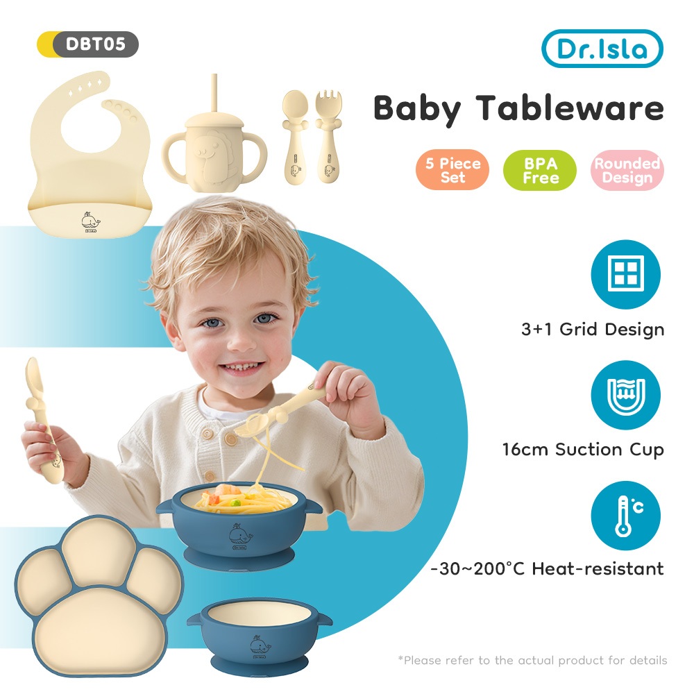 Dr.isla Piring Makan Anak Set 7Pcs Mangkuk Sendok Makan Bayi Celemek Makan Bayi Botol Minum Anak Set
