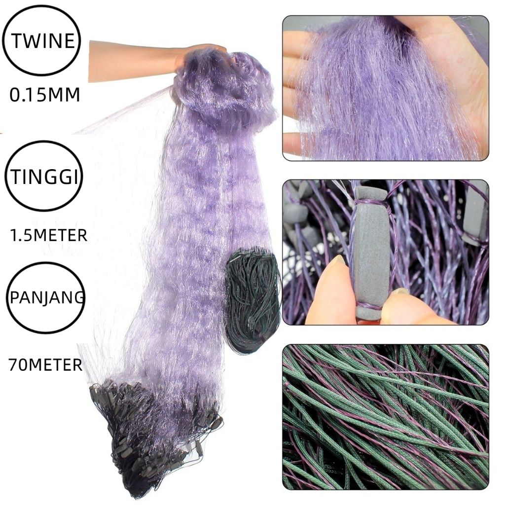 JARING IKAN UNGU JARING Jaring ikan siap pakai tinggi  SENAR0.15MM 1,5 m x 70 panjang