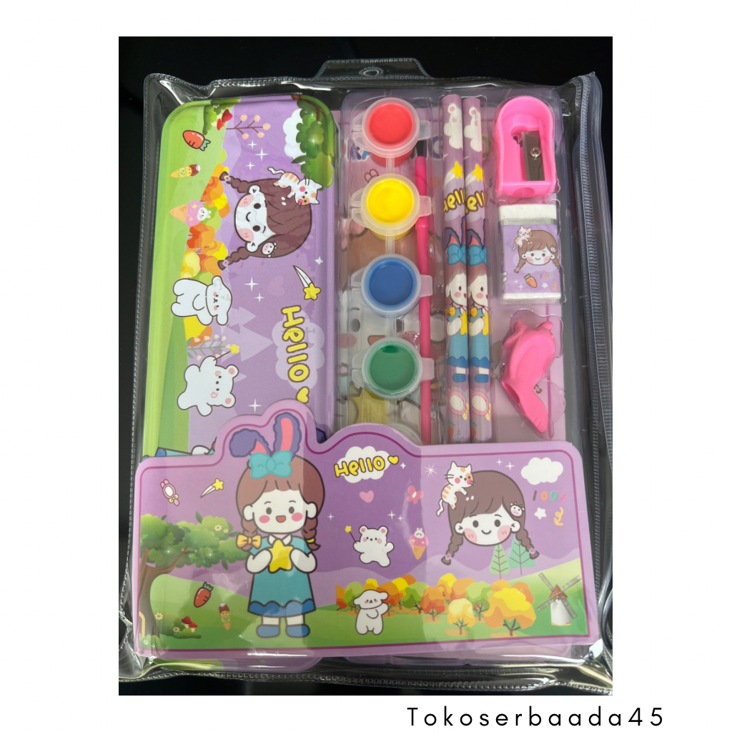 

Set Book Drawing Anak Mainan Perempuan Kotak Pensil Cat Warna Air Serutan Pencil Penghapus Buku CUTE