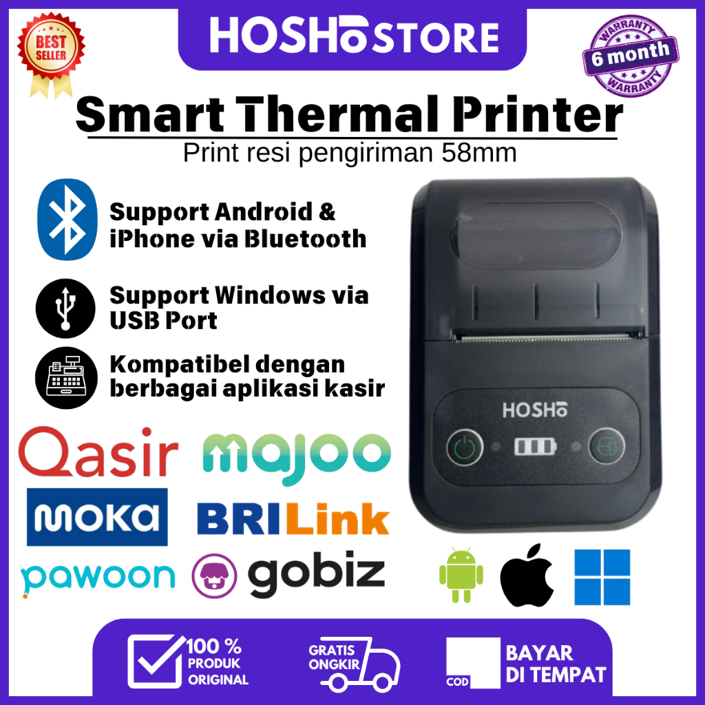 HOSHO MINI PRINTER RESI SHOPEE BLUETOOTH THERMAL 58MM KASIR BATTERY ANDROID PRINTER KASIR GOBIZ
