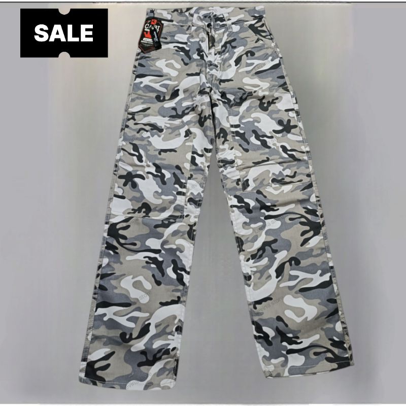 CELANA PRIA LORENG PUTIH CARGO GOMBRONG FIT LOOSE PANTS WIDE LEG