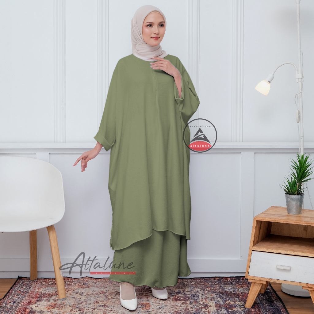 (Bisa COD) One Set Tunik Abaya Kaftan + rok (Kafnik) over size Crinkle Airflow / Gamis Abaya tunik T