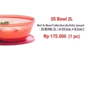 Tupperware 3S Bowl 2L Kristal Merah