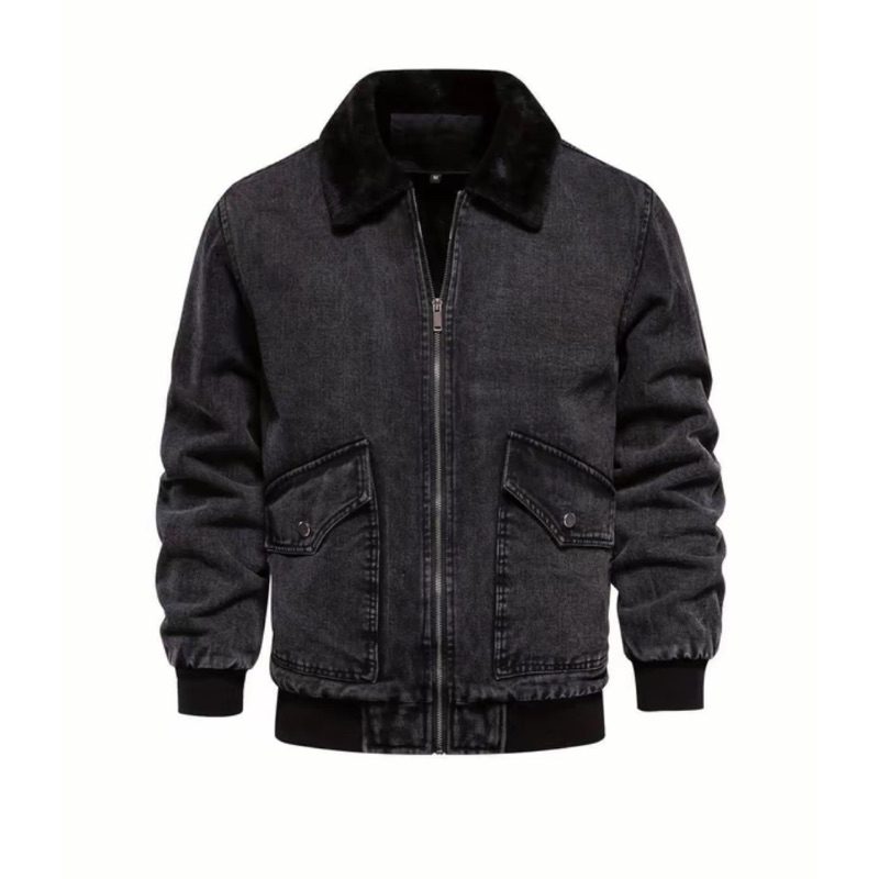 Jaket Bomber Pria Terbaru Jaket Jeans Denim Mode Resleting Kerah Hitam Swade Casual