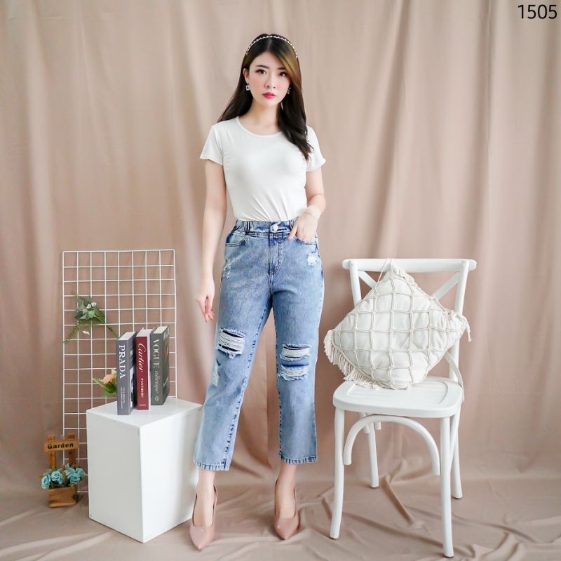 VIVO, STRAIGHT jeans DESTROY Pinggang  karet size 28 29 30 & 31 32 33 (Ada 4 warna ya)