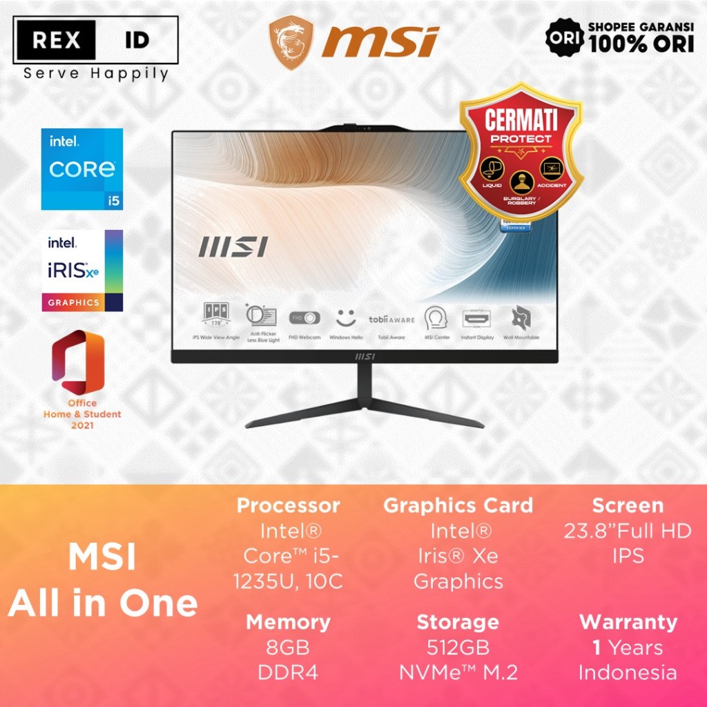 PC AIO MSI i5 1235U 8GB 512GB 23.8" Full HD IPS Win11+OHS - MSI AIO Modern AM242-1412