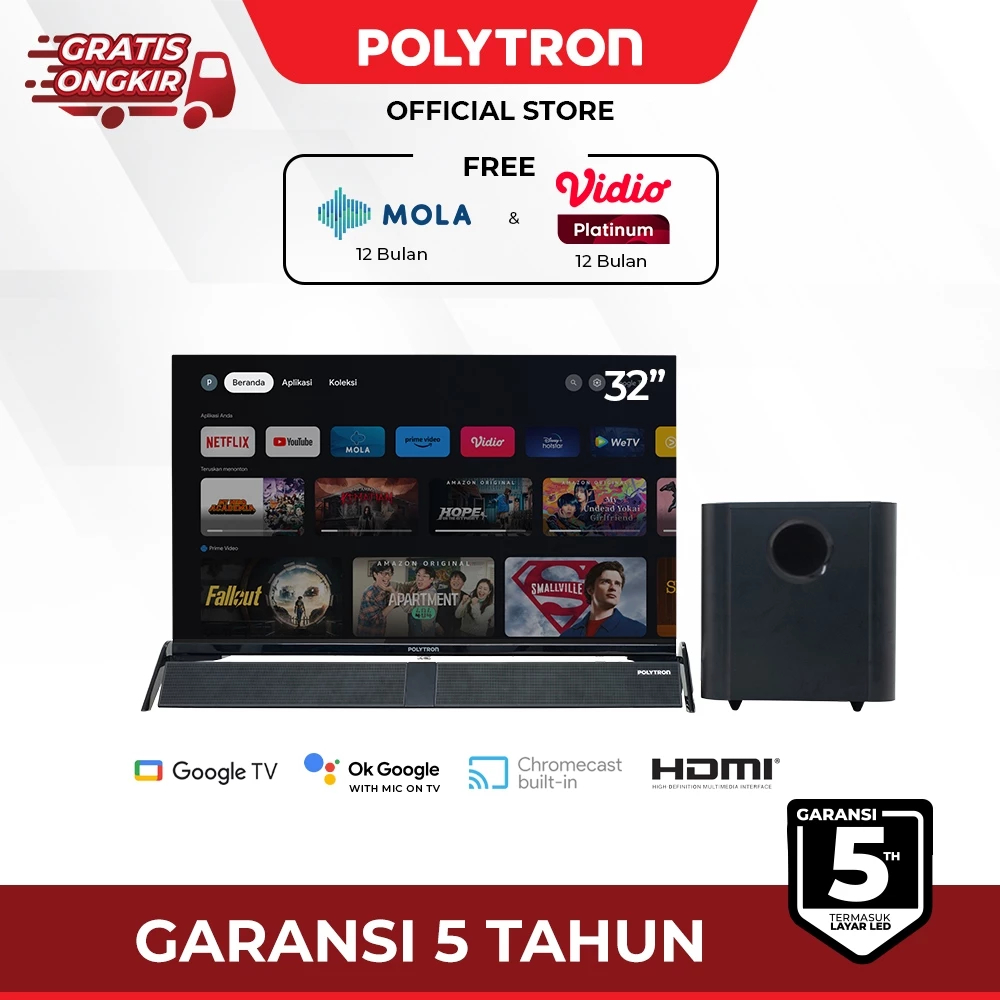 TV POLYTRON 32 INCH CINEMAX SOUNDBAR GOOGLE TV ANDROID 32BG9058 32INCH