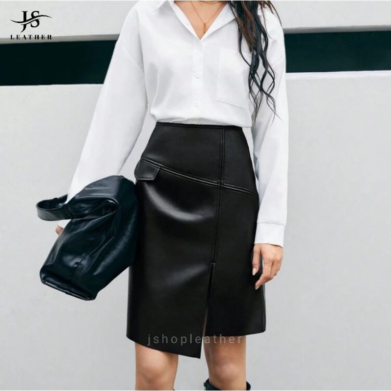 Rok Pendek Casual Kerja Asimetris Kulit PU Knee Length Korean Skirt