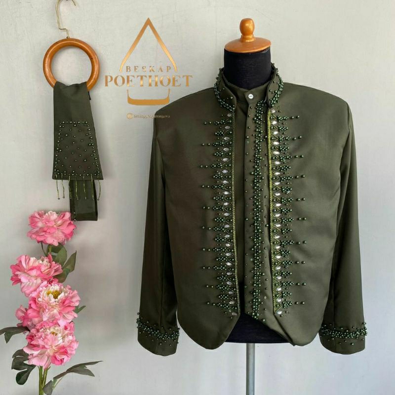 Beskap pengantin Jawa pria Payet hijau army green premium