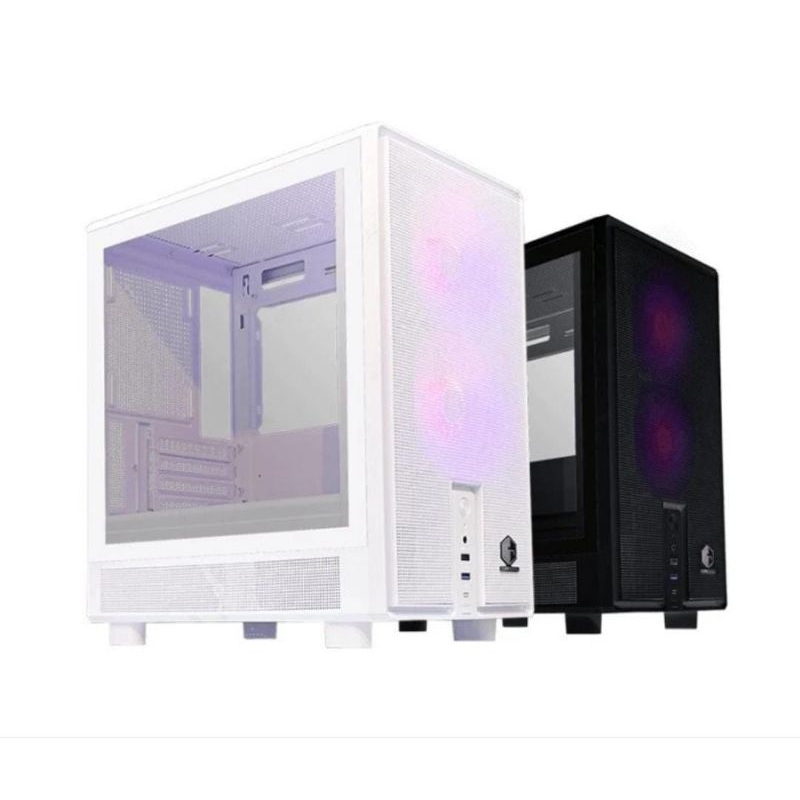 Casing PC Cube Gaming Tune Black / White mATX Side Tempered Glass Front Mesh Panel Free 2 Fan ARGB