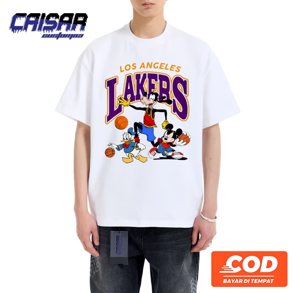 KAOS DISTRO T-shirt Oversize Los Angeles Lakers Cartoon Mickey Donald Duck Fly High | Kaos Wanita Pr