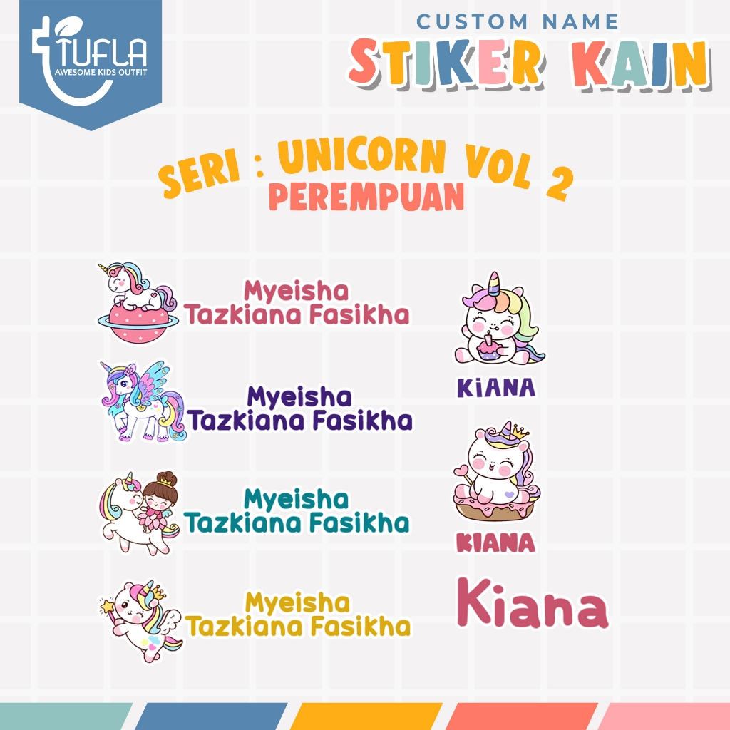 

[ISI 40-96pcs] Stiker Custom Nama Baju Dan Kain Anak Tinggal Setrika Untuk Label Seragam Sekolah Pesantren Asrama Ukuran A4 Karakter UNICORN VOL 2