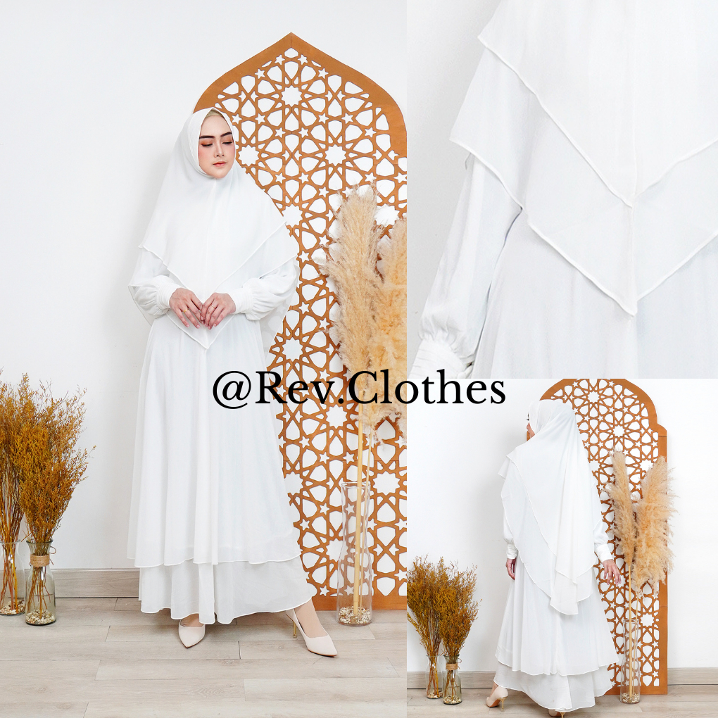 Gamis Syar'i Busana Haji dan Umroh Wanita Set Khimar Putih Bahan Ceruty - Gamis Rev
