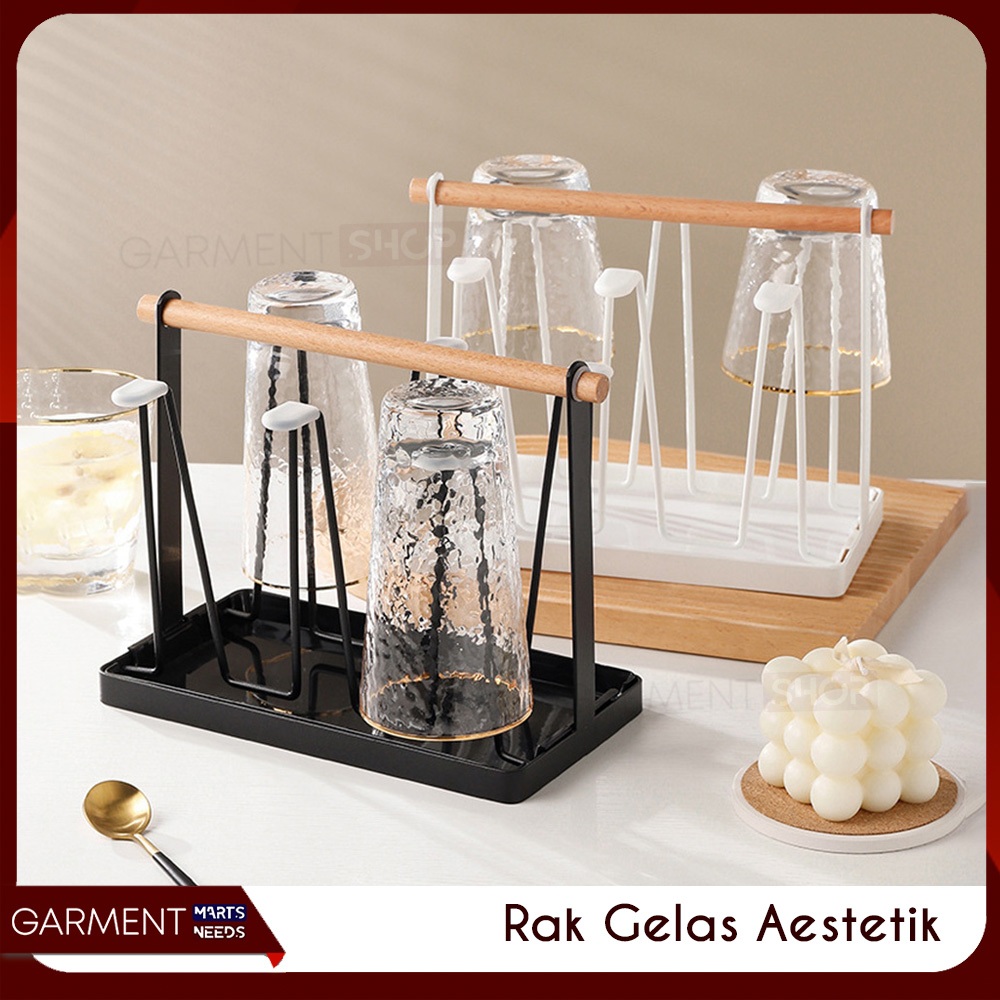 Rak Gelas Organizer Besi Cup Holder 6 Slot Tempat Cangkir Gelas Minimalis Pegangan Kayu Cup Holder