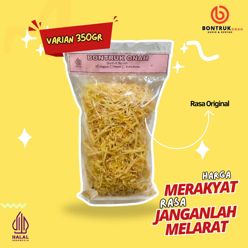 

Cemilan SINGKONG BONTRUK ONAH 350gr Cemilan Chili food Snack kriuk pedas daun jeruk