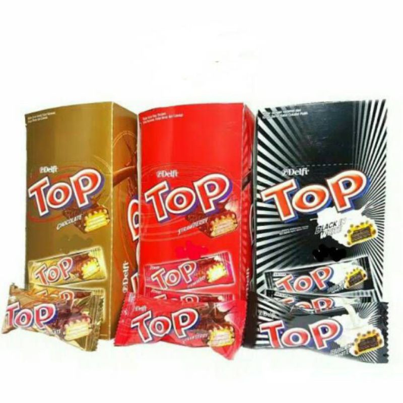 

Wafer top Delfi coklat 1 box isi 24 biskuit black in white Top stroberi