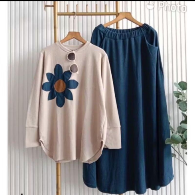 FLOW SET ROK CRINKLE PRINTING / SETELAN ROK BUNGA / ONE SET POLOS WANITA TERBARU/SETELAN ROK CRINKLE