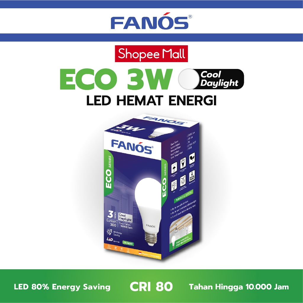 Fanos Eco 3W Lampu LED Bohlam Cahaya Putih Cool Daylight Bergaransi