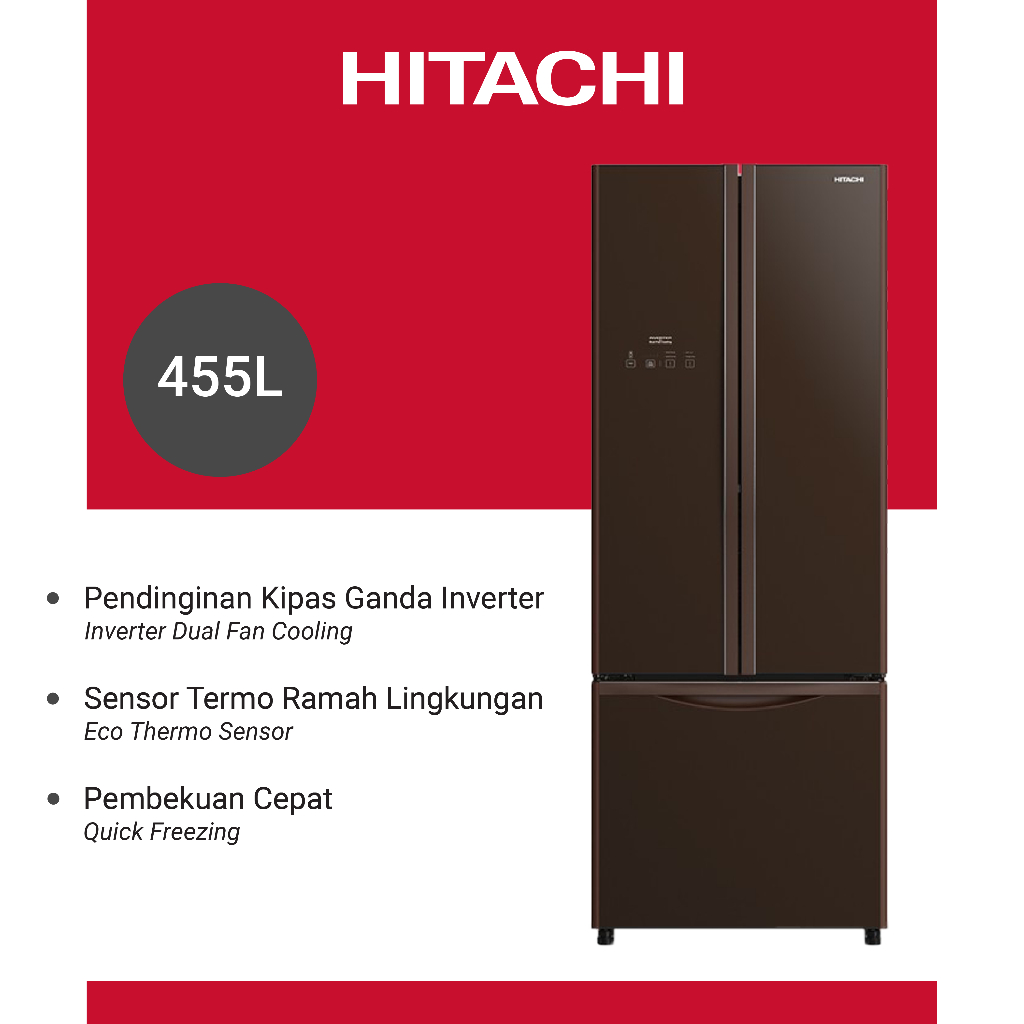 HITACHI Kulkas French Bottom Freezer Glass Black 445 Liter R-WB56PGD9