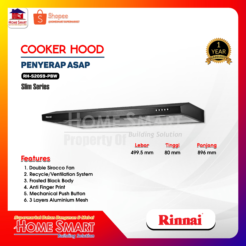 Rinnai RH-S2059-PBW Cooker Hood Slim Series Hitam 499.5 x 896 x 80 mm