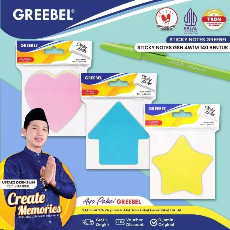 

Greebel Sticky Notes GSN 4W1M Bentuk Love/Star/Arrow warna warni