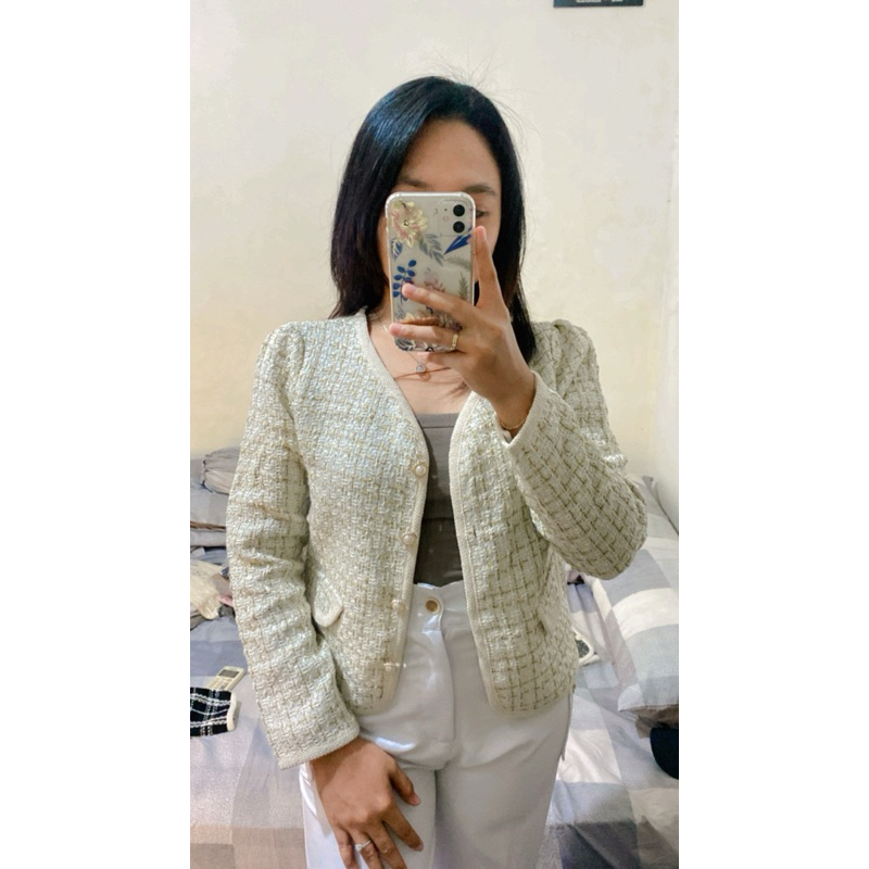 Blazer Tweed semi crop/blazer crop/blazer korea/tweed bangkok/blazer wanita