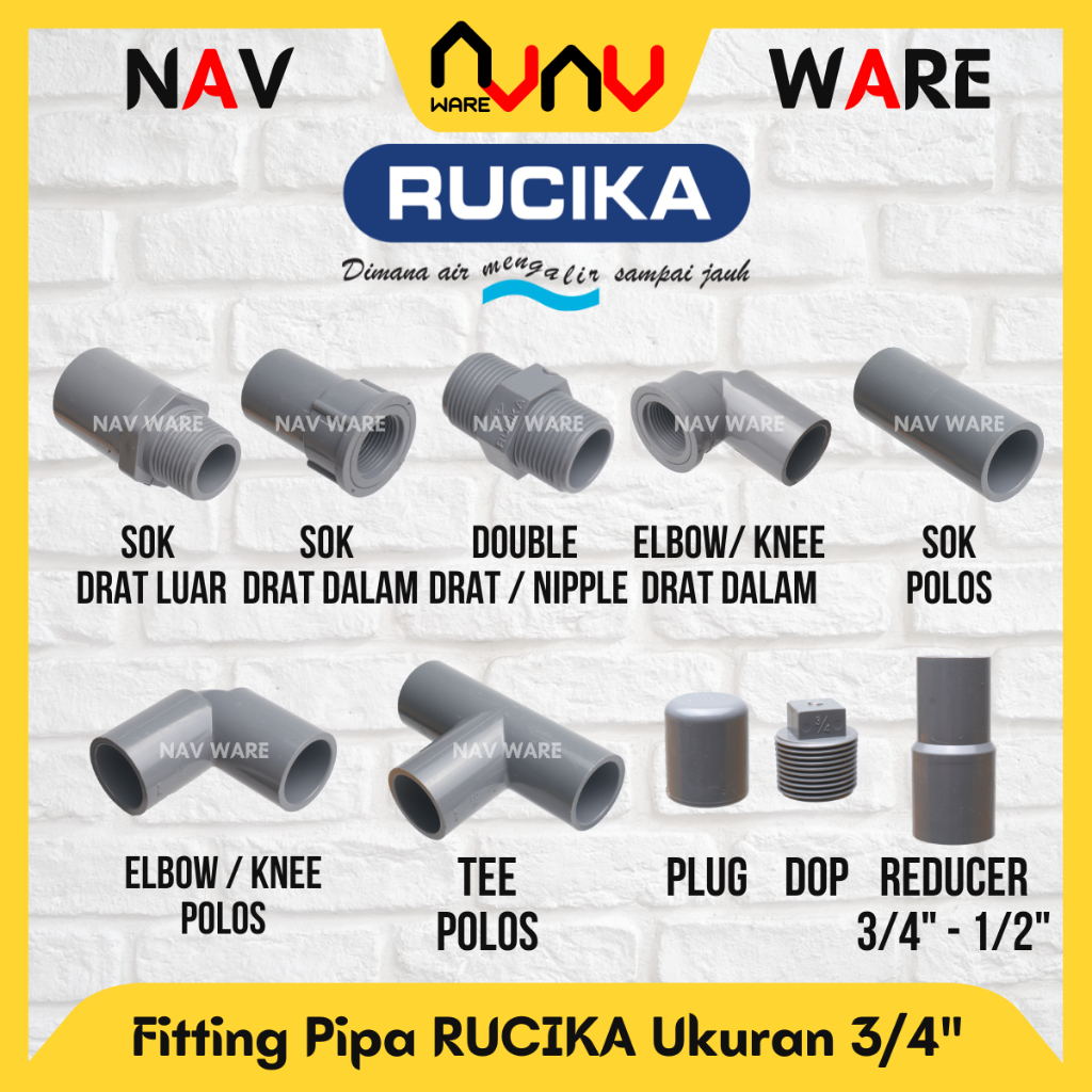 RUCIKA Fitting Pipa PVC AW 3/4 Inci Original - Sok Drat Luar SDL - Faucet Sock Drat Dalam SDD - Tee 