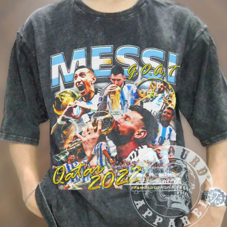 Kaos GOAT LIONEL MESSI QATAR, GOAT QATAR LIONEL MESSI Vintage Wash, Kaos LIONEL MESSI Premium Oversi