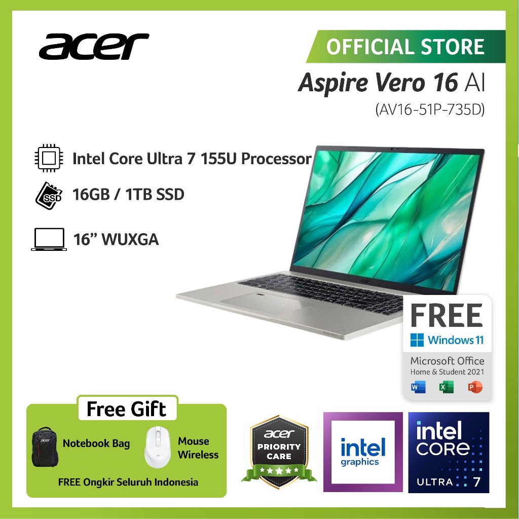 (FREE MOUSE WIRELESS) ACER LAPTOP ASPIRE VERO 16 AV16-51P-735D 16" WUXGA INTEL CORE ULTRA 7 155U (EV