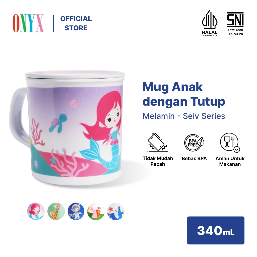 Onyx Seiv, Cangkir Mug  + Tutup Sedang 340ml: Melamin, Anak, Bebas BPA, 3104SB Karakter