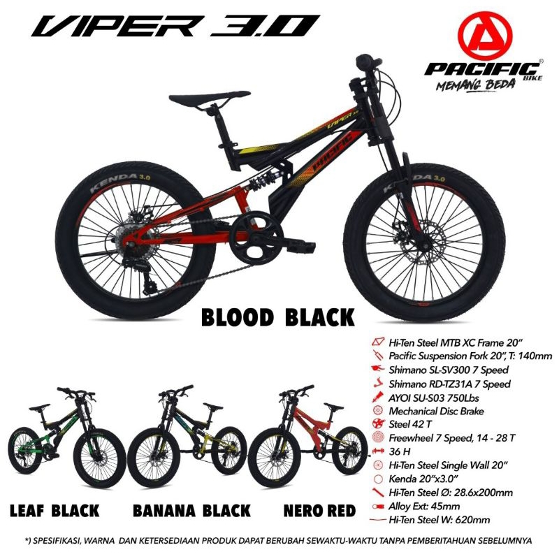 Sepeda Gunung MTB 20 inch Pacific Viper 3.0 Ban Besar 3.0 7 Speed Shimano Double Disc