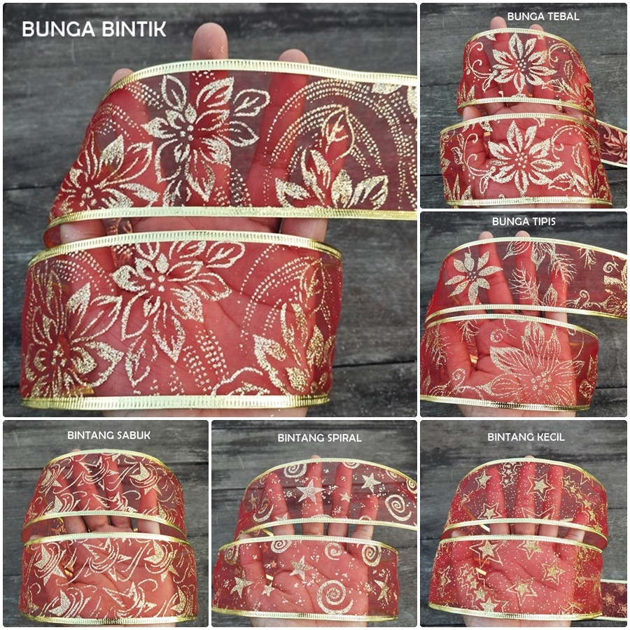 

PITA-48 : Pita Kaca / Pita Organdi Merah Emas 6,5cm Pinggir Kawat (per meter)