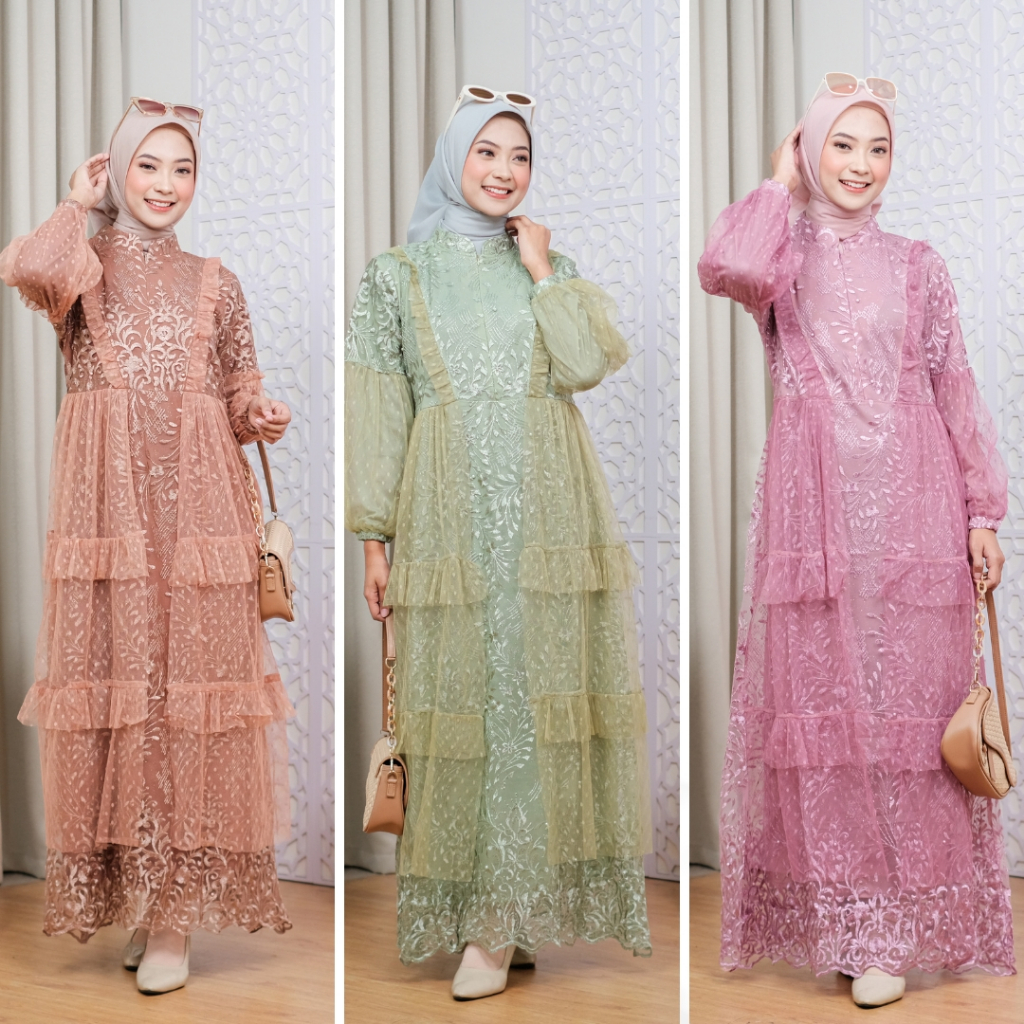 RAISHA - Gamis Brukat AYESHA Dress Kondangan Busui Friendly Full Tile Brokat Bordir Keliling Mix Til