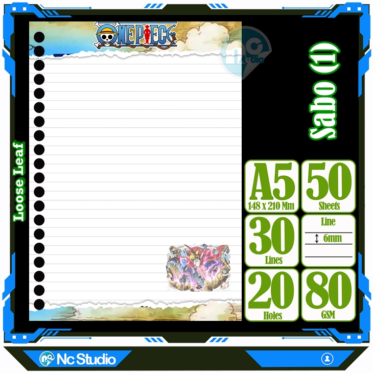 

Loose leaf Kertas binder A5 Isi 50 Lembar Polos karakter Sabo One Piece Anime Kartun Buku Refil isi ulang Repil Vol-35