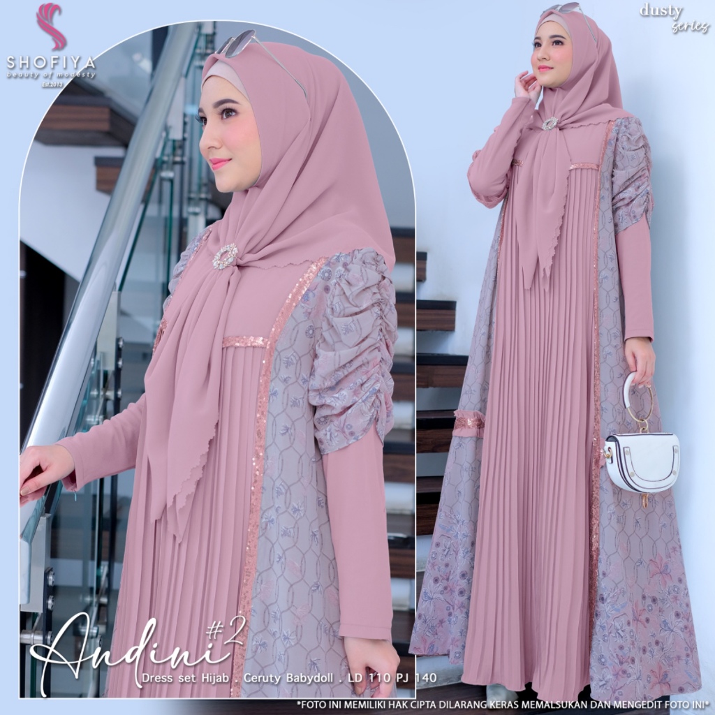 Andini2 baju dress gamis set hijab pesta kondangan wanita muslim ibu ibu jumbo ld 110 ceruty terbaru