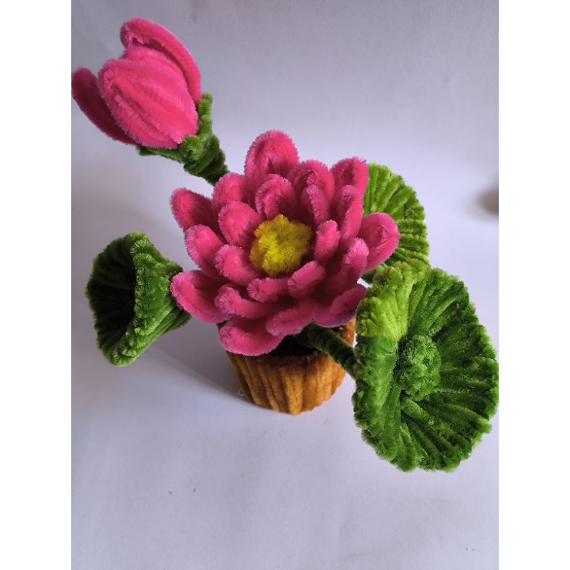 teratai bunga kawat bulu, mini pot lotus dekorasi meja bunga kawat bulu teratai pipe cleaner