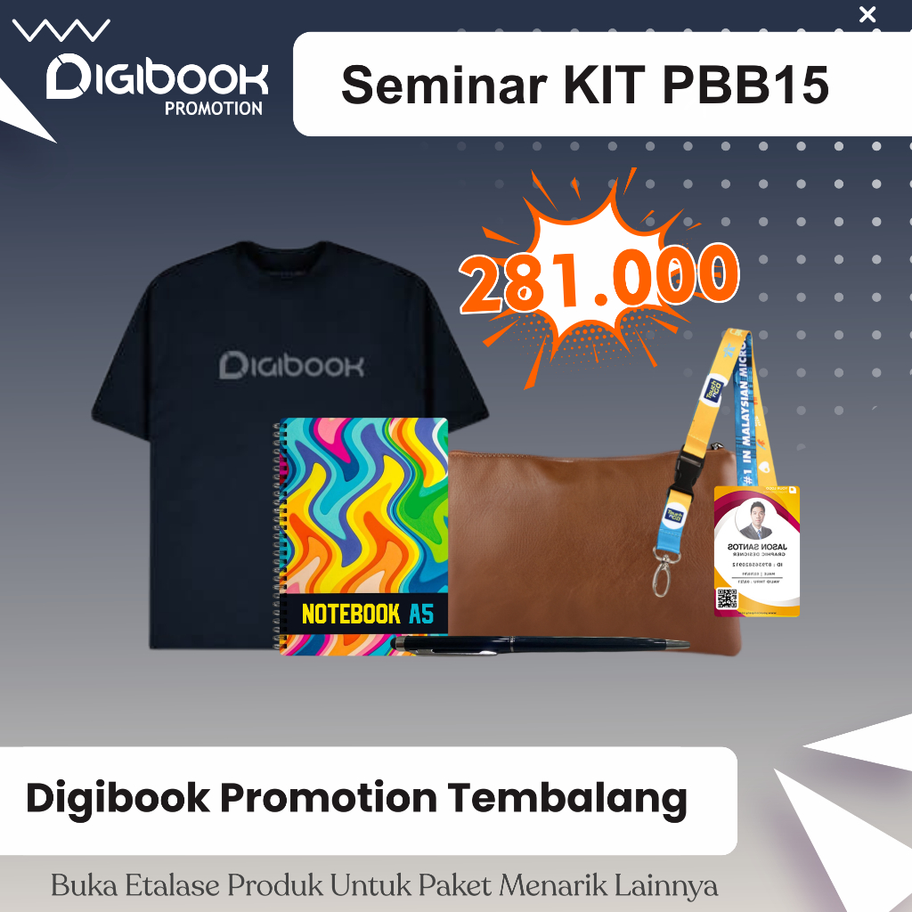 

Pouch Kulit, Kaos Cotton, Notebook Hardcover A5, Pulpen Besi, Paket Idcard | Paket Seminar Kit Isi 5 | PBB15
