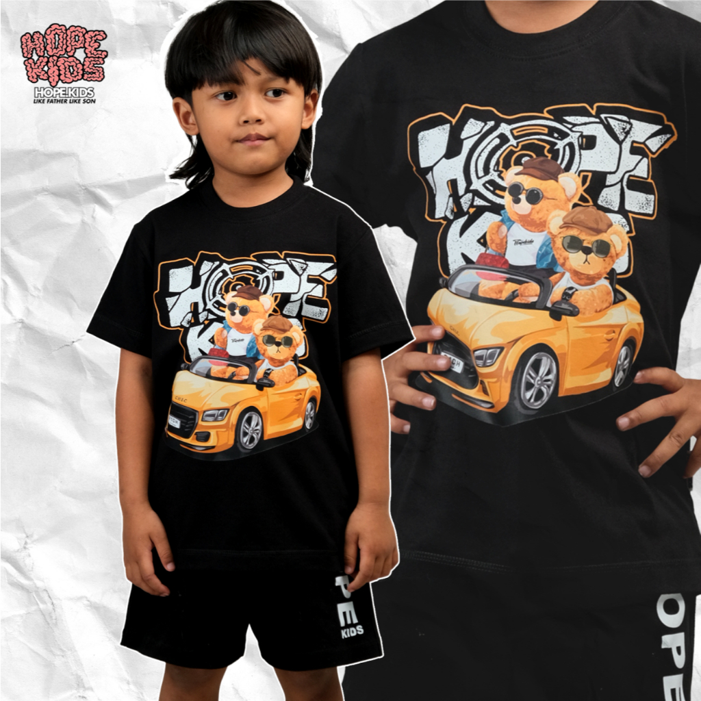 Kaos Anak Laki-laki & Perempuan Lengan Pendek "Bear in Car"  Hitam Usia 1-12 Tahun - HOPEKIDS