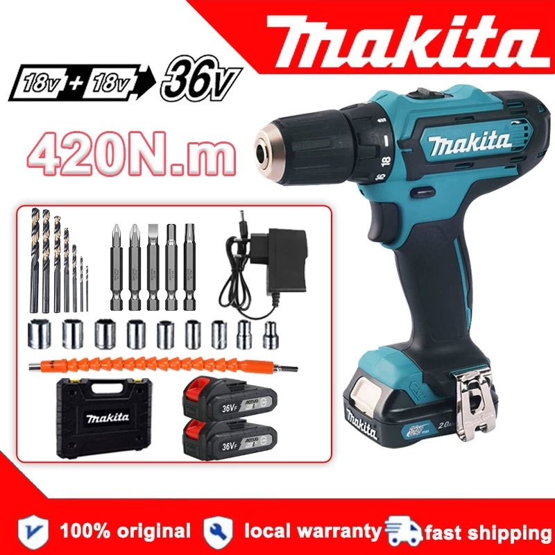 Makita 36V Cordless Drill Brushless Drill Screwdriver Impact Drill 2 Batteries Rechargeable Drill
