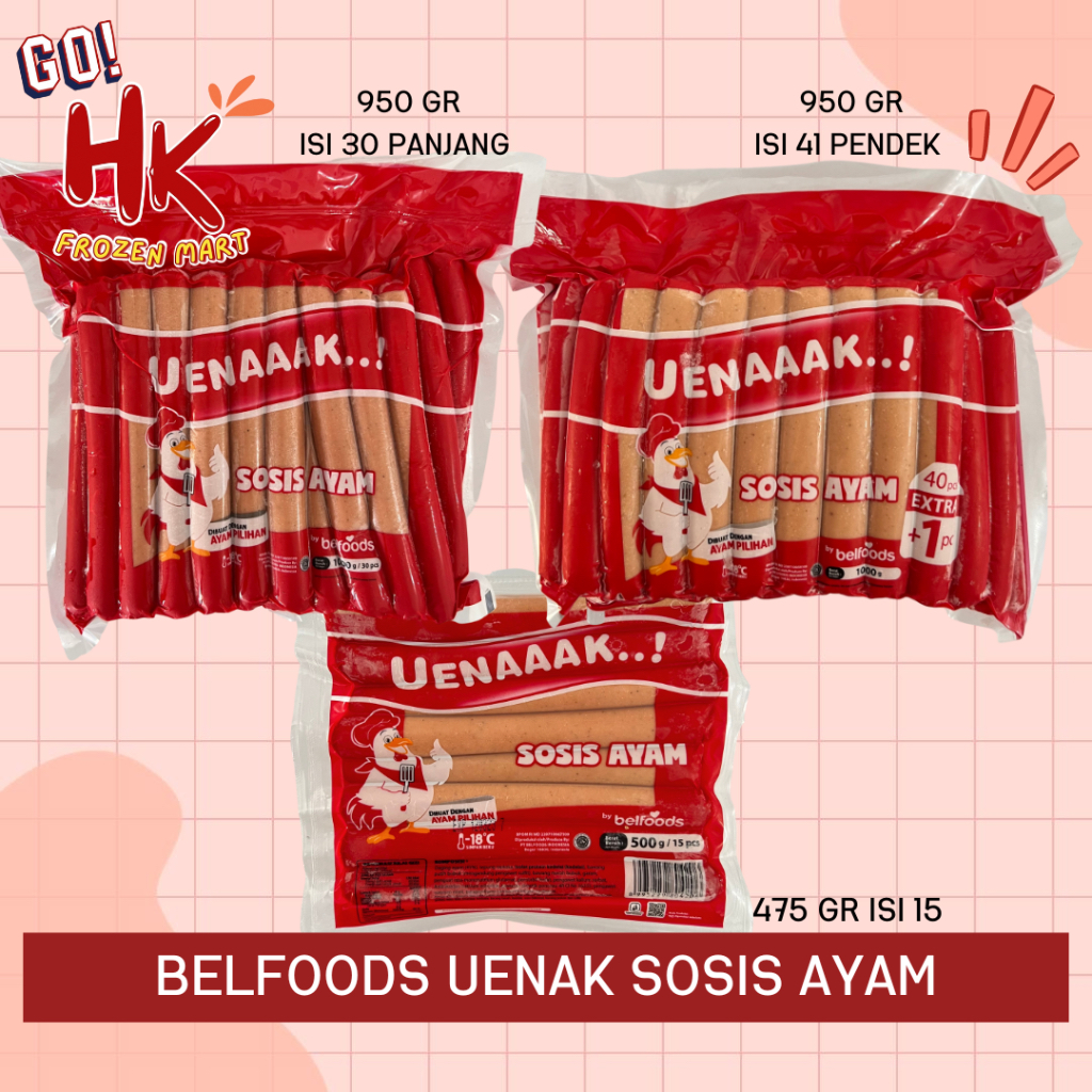 

Belfoods Uenaaak Sosis Ayam 1kg isi 30 / 40 batang 500gr 15pcs chicken sausage uenak HK Frozen Mart