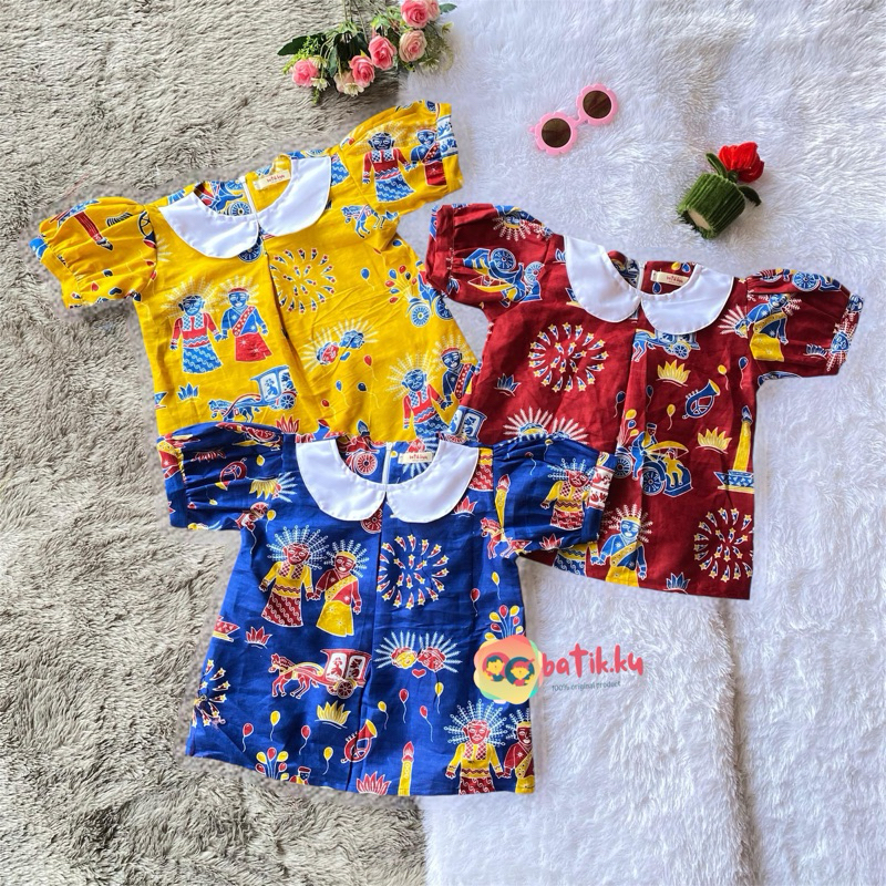 ATASAN BATIK ANAK PEREMPUAN BLUS BATIK ANAK MONAS ONDEL JAKARTA KUNING KUNING BIRU BAHAN KATUN MURAH