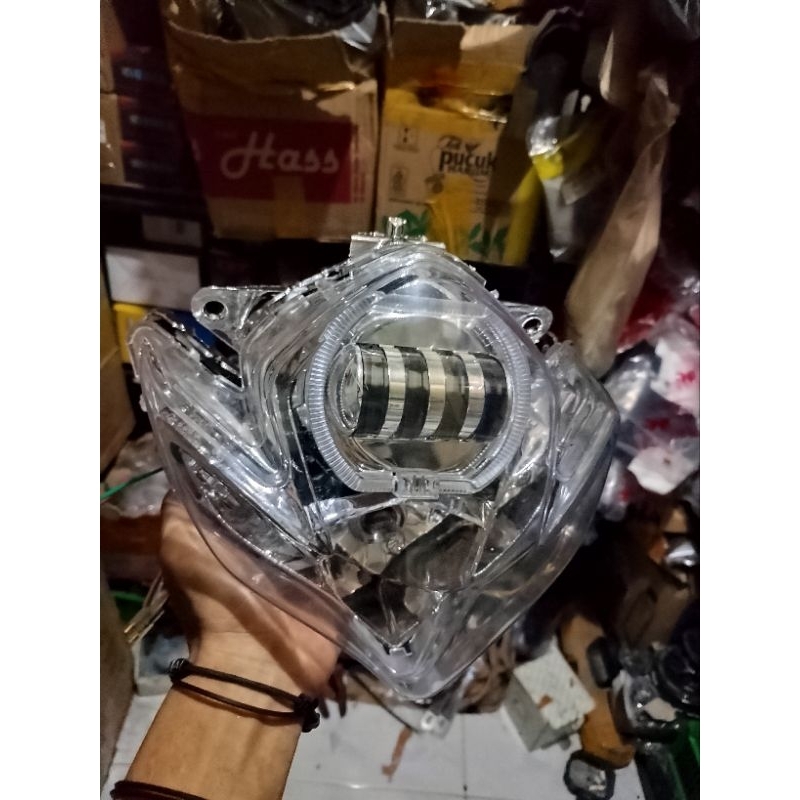 Kedok Reflektor Lampu Depan Satria Fu Barong Tanpa Frame Custom Biled Lensa 4 Mata PNP Sudah Terpasa