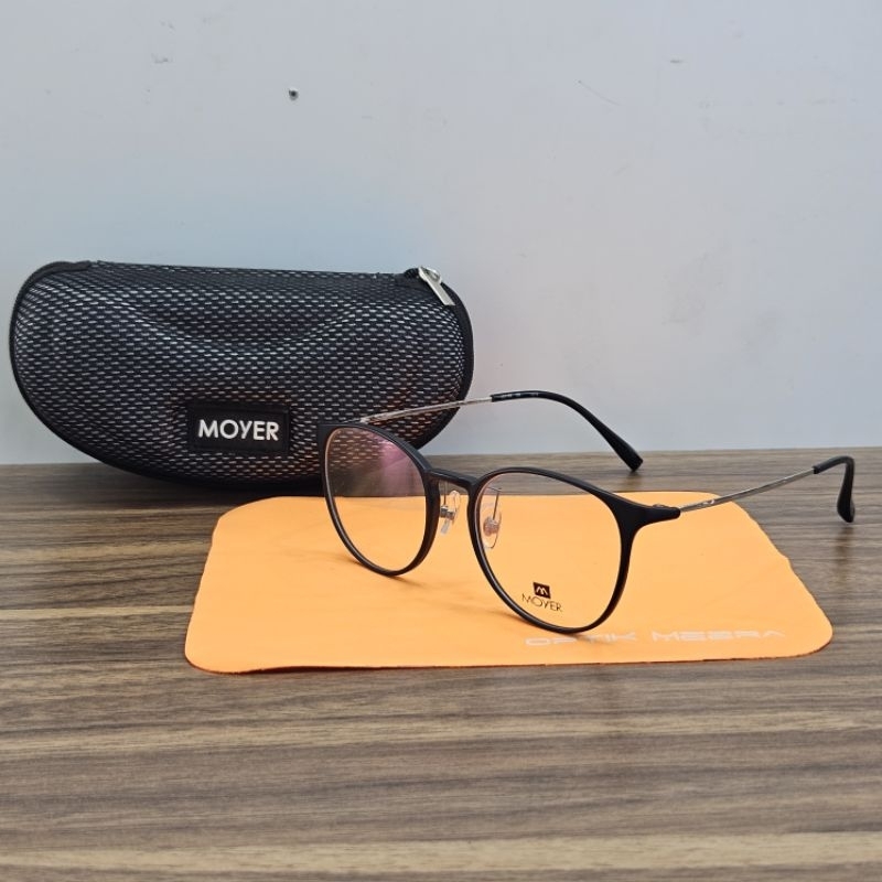 frame kacamata pria wanita bulat lentur original moyer 1019 hitam doff silver