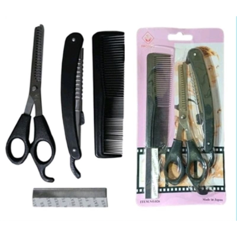 GUNTING SET 3IN1 SASAK SISIR PISAU CUKUR RAMBUT ALAT POTONG PONI GERIGI CUKUR ZIGZAG SALON
