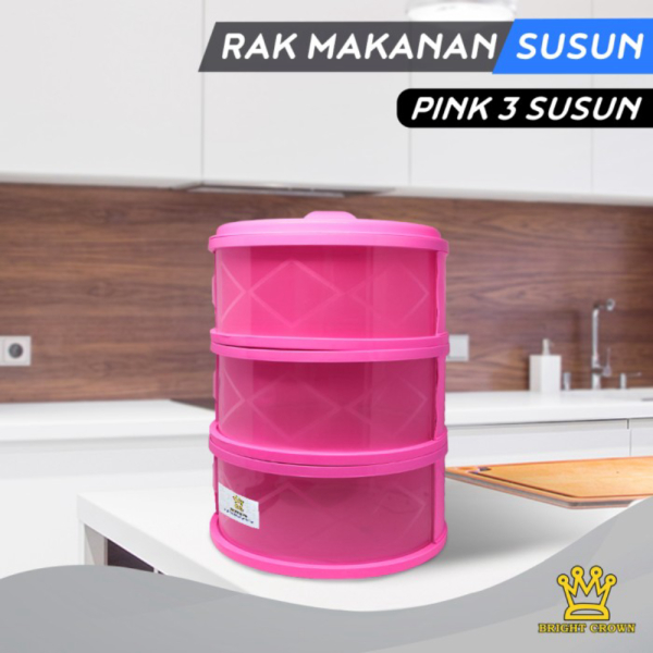 Unik Bright Crown Rak Susun Tudung Saji Penyimpanan Makanan Penutup Sayuran - 3 Susun Pink Murah